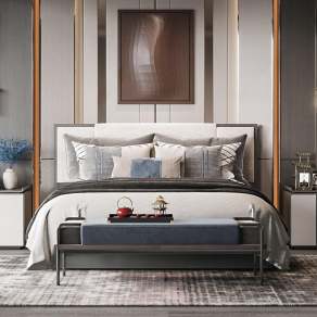 新中式双人床3D模型下载